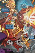 Empowered by the Phoenix Force, fighting Shanna the She-Devil and Zabu